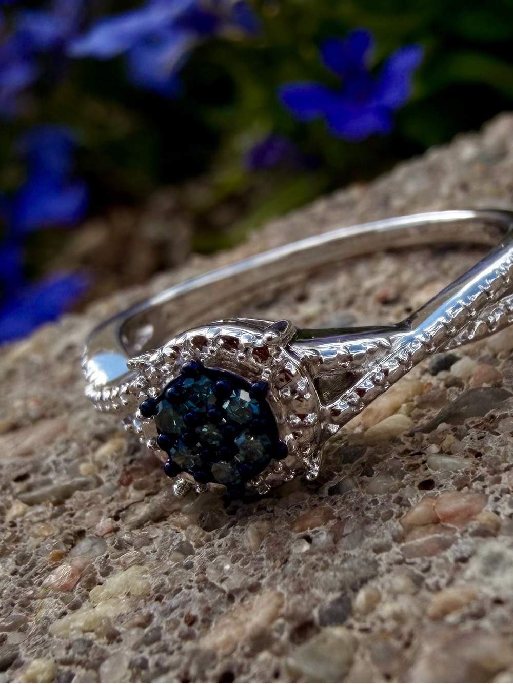 14K White Gold Over Sterling Silver Blue Diamond Halo Ring Sz 7  0.10 CTW